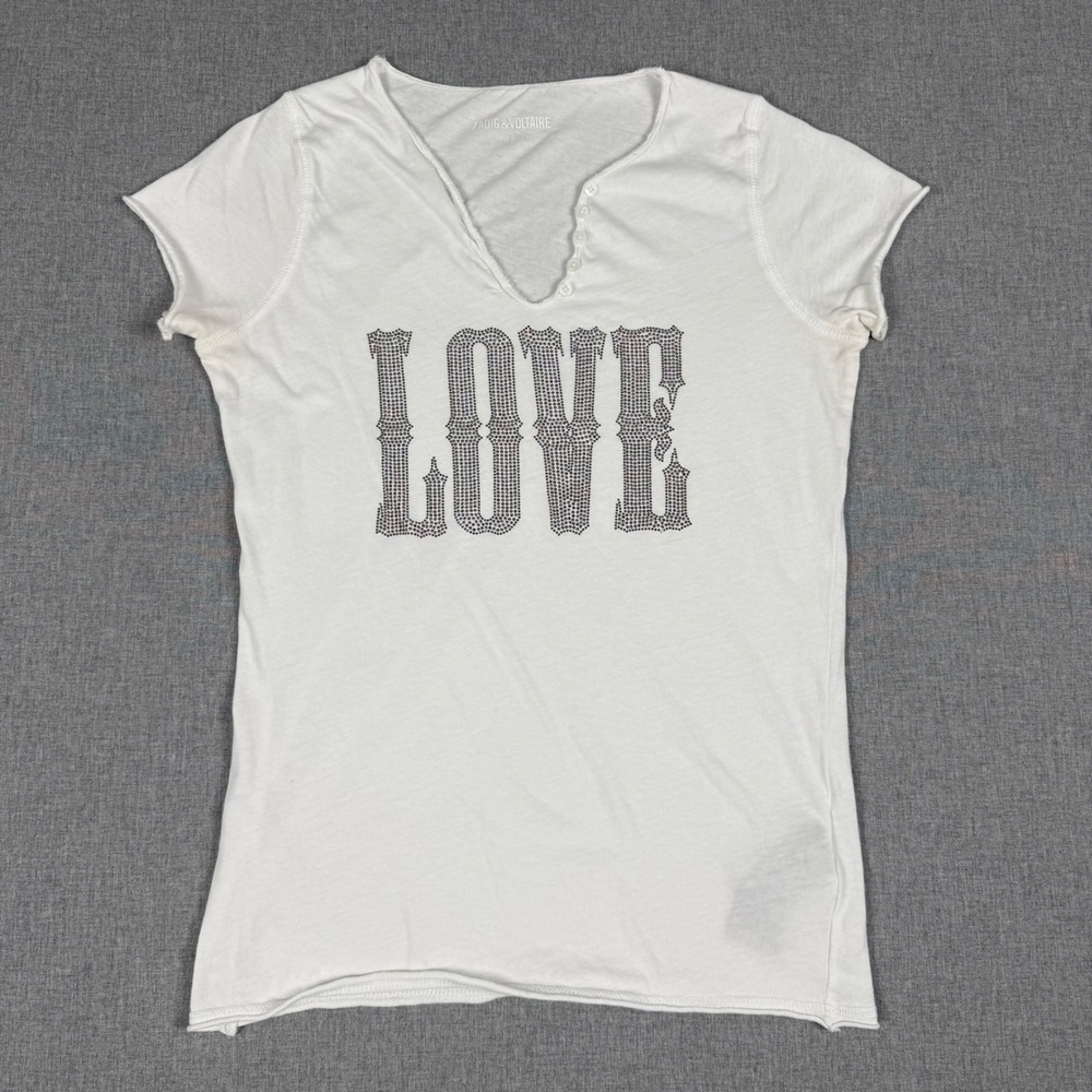 Zadig & Voltaire White LOVE Studded Henley Tee XS Rocker Chic